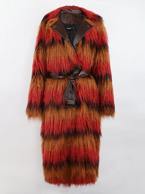 Nerazzurri Winter Long Oversized Colorful Thick Warm Shaggy Faux Fur Trench Coat for Women with Leather Belt European Fashion