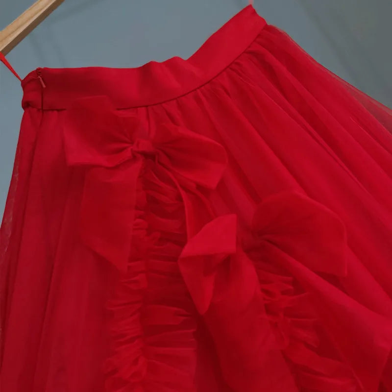 High-End Mesh Long Skirt Handmade Bow Gauze Skirt Fairy High Waist Slimming Umbrella Skirt Designer Model Skirt Evening Dresses