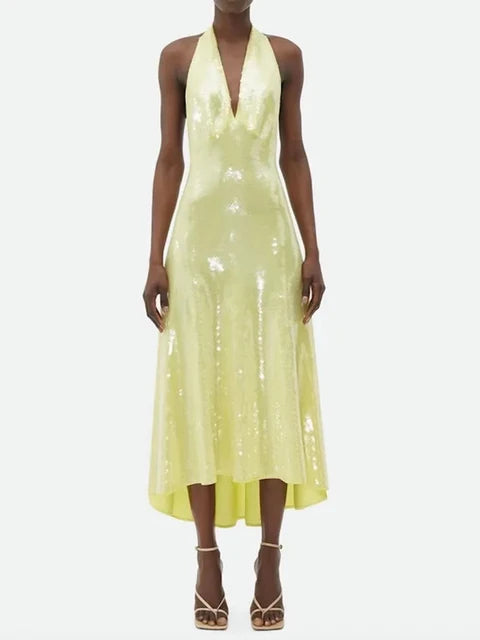 Fashion Women's Dress Hatler Sleeveless Lemon Yellow Sequin High Waist Backless Mid-calf Dresses Autumn  New