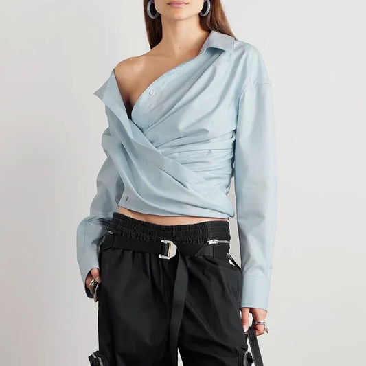 Solid Casual Patchwork Button Blouse For Women Lapel Long Sleeve Irregular Designer Blouses Female Fashion Style