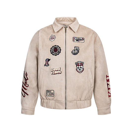 Suede embroidered lapel jacket