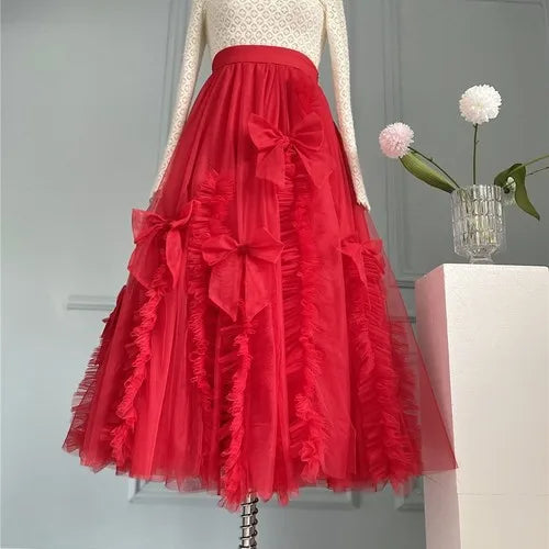High-End Mesh Long Skirt Handmade Bow Gauze Skirt Fairy High Waist Slimming Umbrella Skirt Designer Model Skirt Evening Dresses
