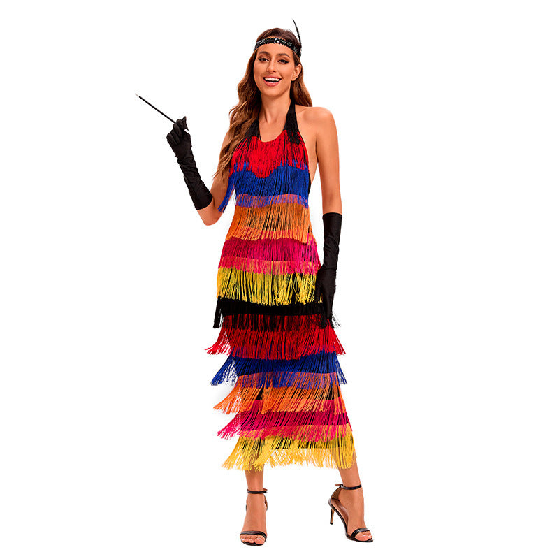 Peacock Dance Women's Bohemia Rainbow Tassel Dress, Sexy Backless Evening Gown for Stage Performance
