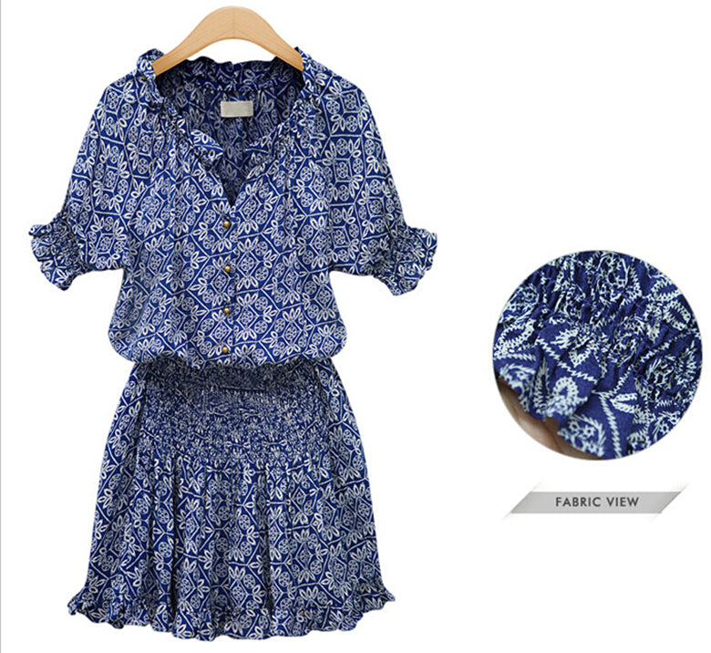 New Short Sleeve Printed Cotton V-Neck Dress