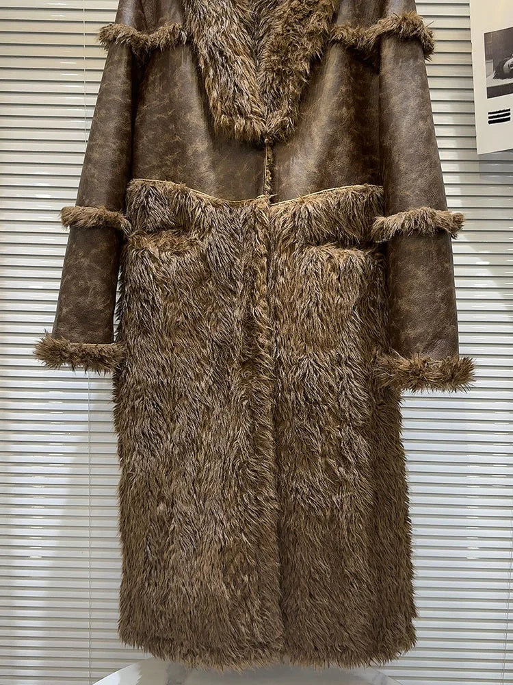Trendy Fashion Women's Faux Fur Plush Spliced Leather Coat  Winter New Items Long Sleeves Trench Jacket Female