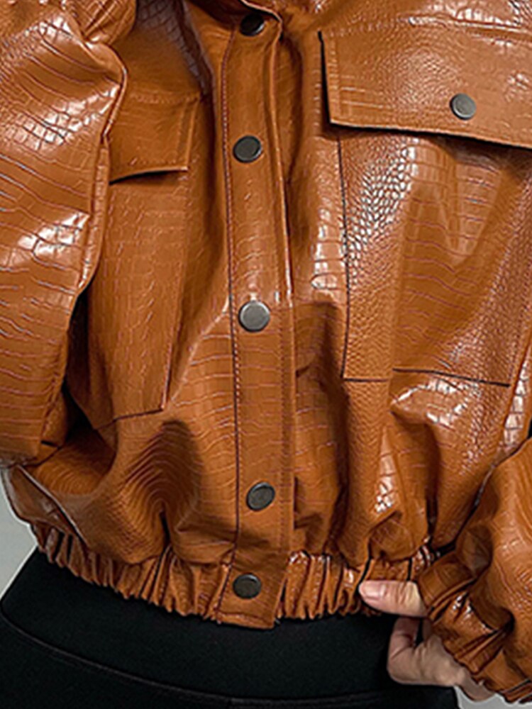 Lautaro Spring Autumn Short Cool Oversized Crocodile Print Faux Leather Jacket Women Button Up European Fashion Streetwear