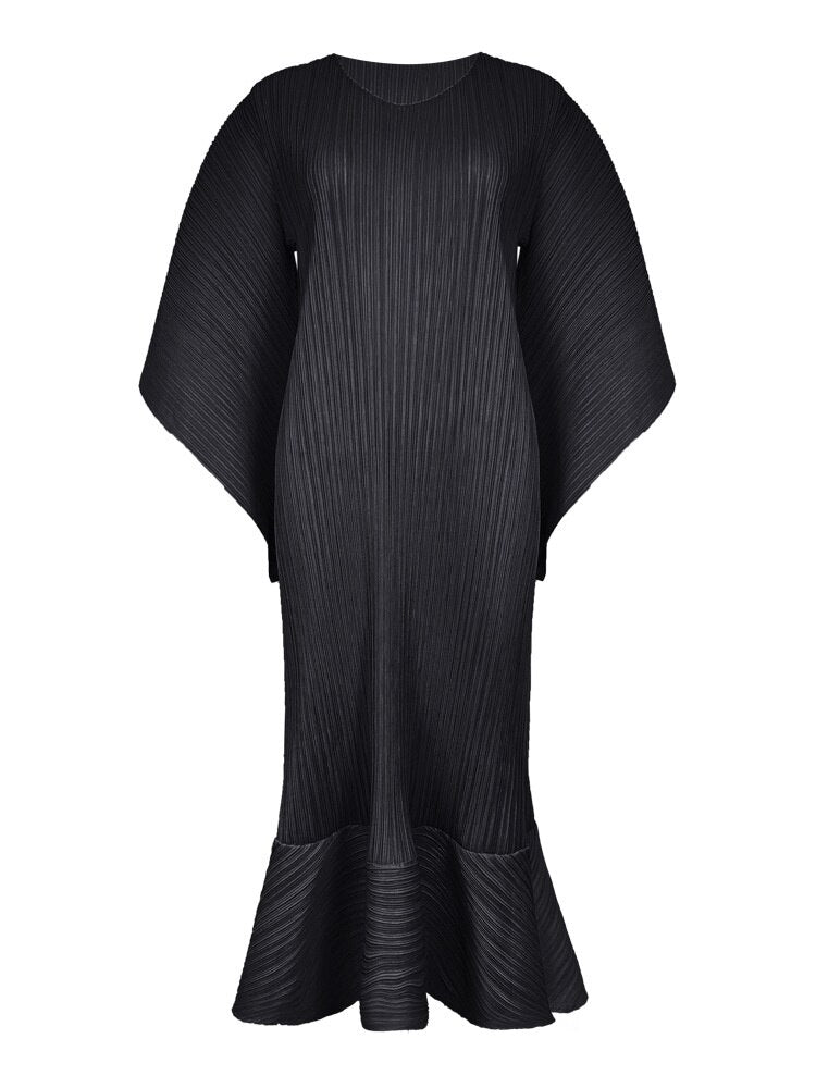 Pleated Dress Women's O-neck Casual Loose Flowy Sleeve 2023 Summer Female New Fashion Solid Color Fish Tail Dresses