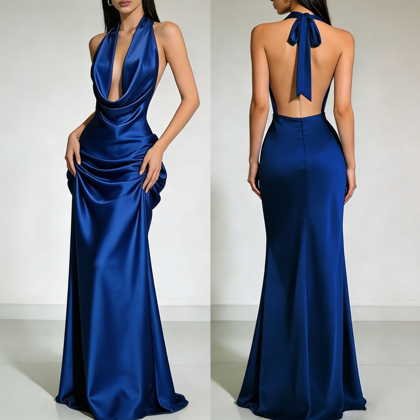 Solid color Strapless  Backless  Satin Evening dress Long dress