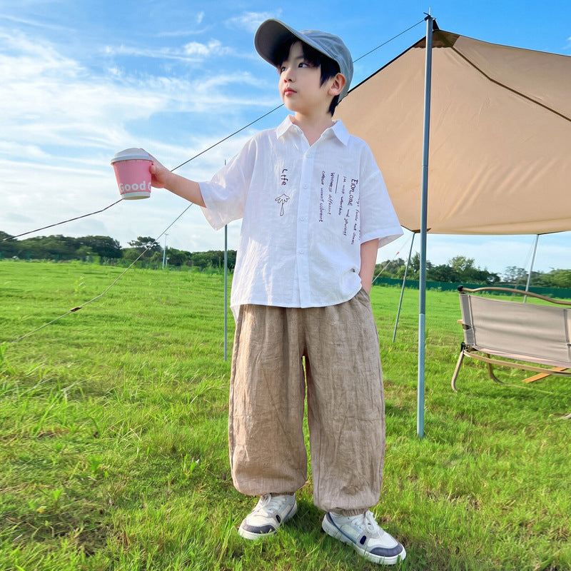 Boy's Short Sleeve Shirt Set, Casual Long Pants