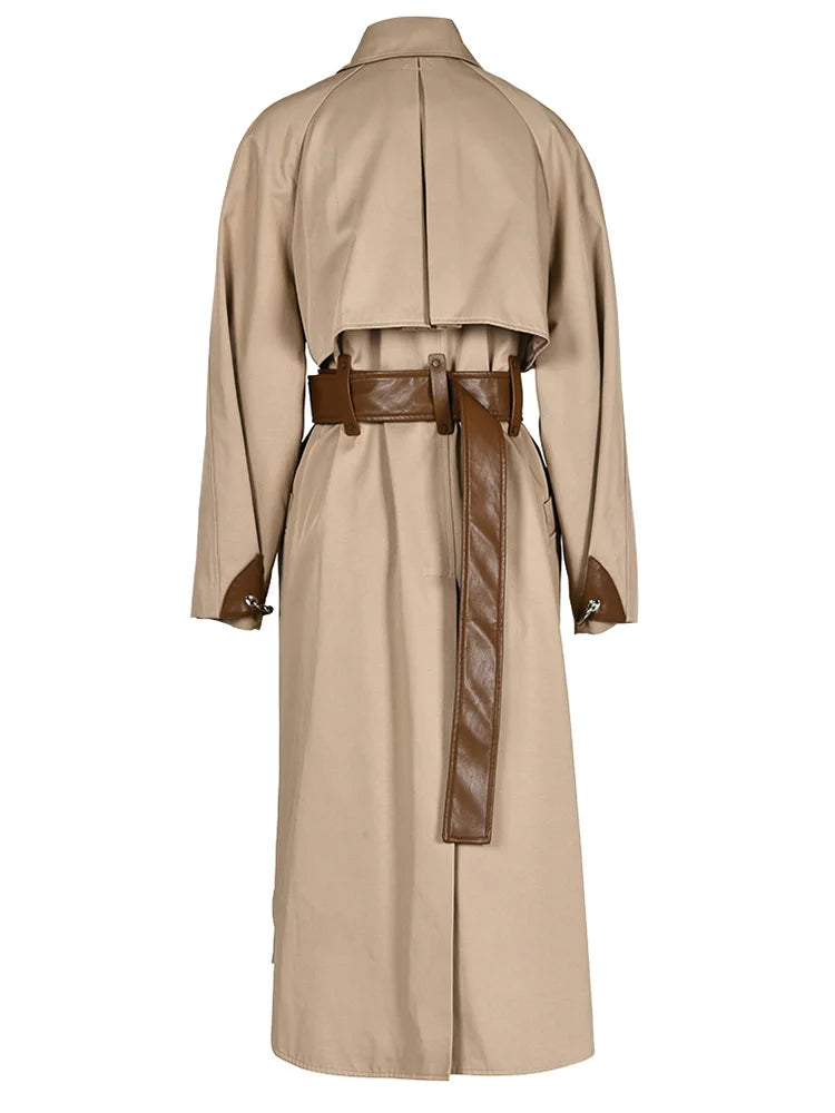Camel Pu Leather Spliced Big Size Trench Women New Lapel Long Sleeve Windbreaker Fashion Tide Spring Autumn