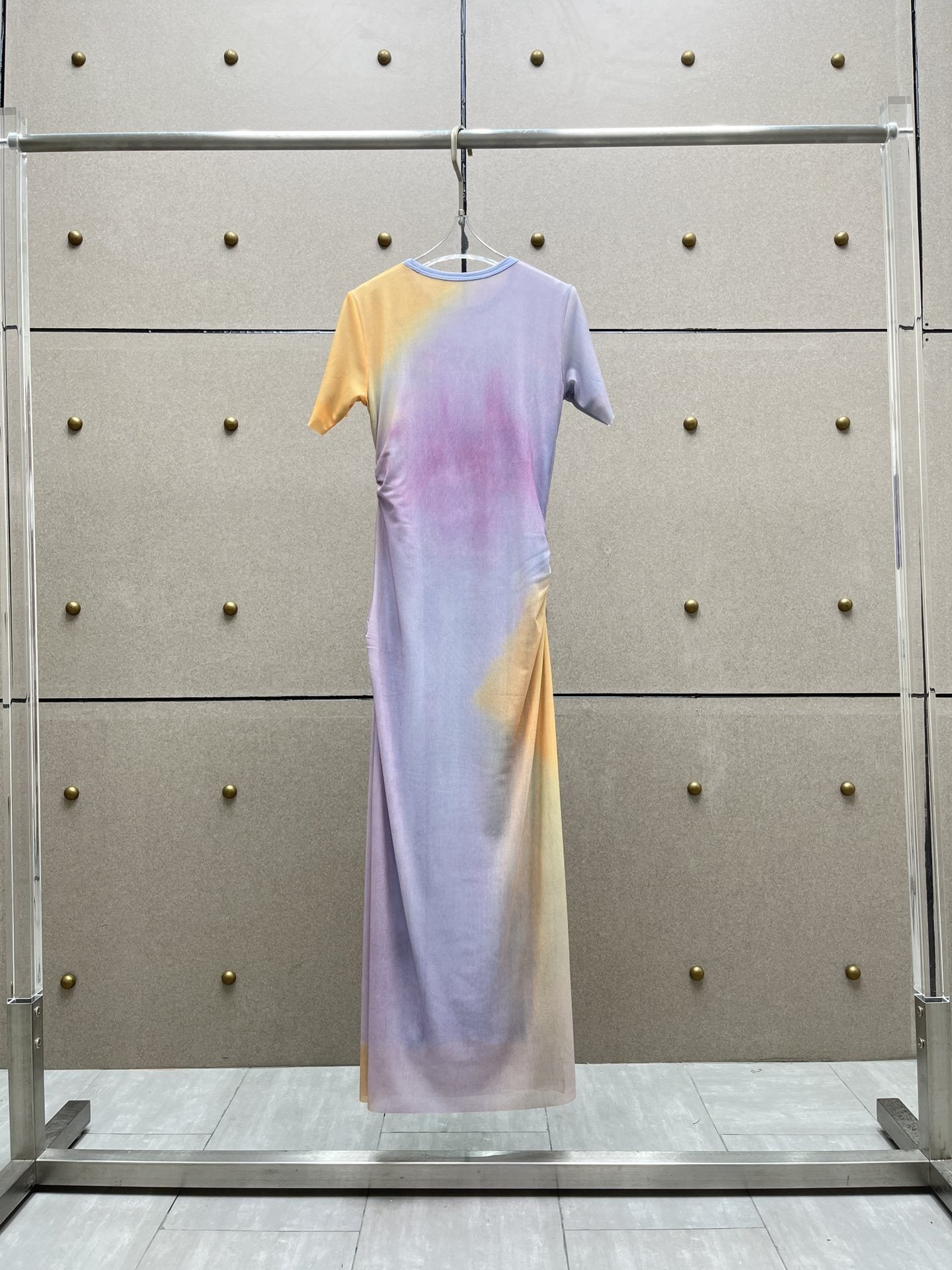 Pleated Slim Fit Dress Fashion Gradient Printing Long Dresses y2k Short Sleeved Top