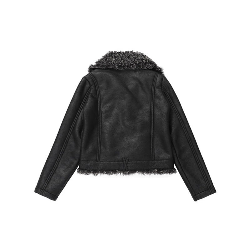 Collar Turn-Down Lapel Biker Leather Jacket with Lining Women's Thick Warm Coat