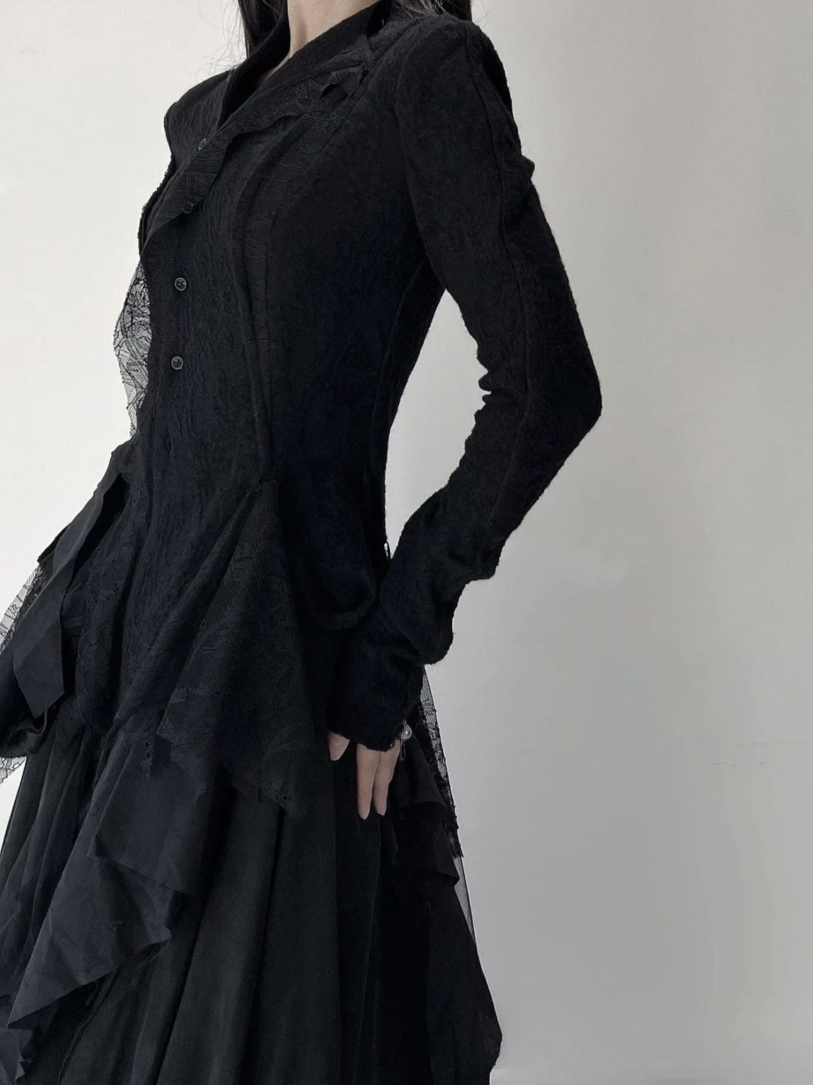 Solid Spliced Lace Blouses For Women Round Neck Long Sleeve Tunic Irregular Hem Skimming Shirt