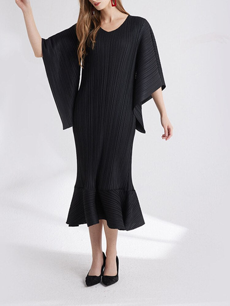 Pleated Dress Women's O-neck Casual Loose Flowy Sleeve 2023 Summer Female New Fashion Solid Color Fish Tail Dresses
