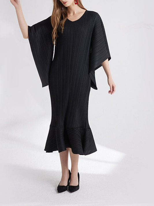 Pleated Dress Women's O-neck Casual Loose Flowy Sleeve 2023 Summer Female New Fashion Solid Color Fish Tail Dresses
