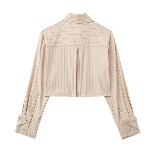 Women Fashion With Pocket Pinstripe Crop Shirts Vintage Long Sleeve Front Button Female Blouses Blusas Chic Tops
