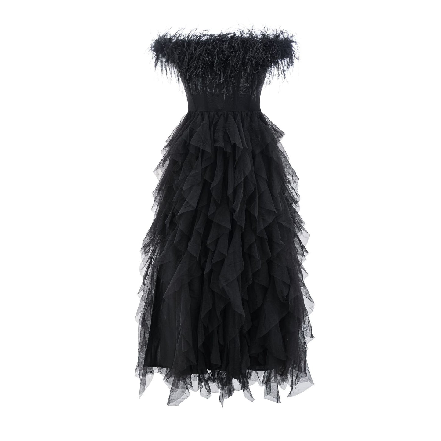 Evening Dress Women's One-Shoulder Strapless Dress Fashionable Sexy Backless Fluffy Long Dress
