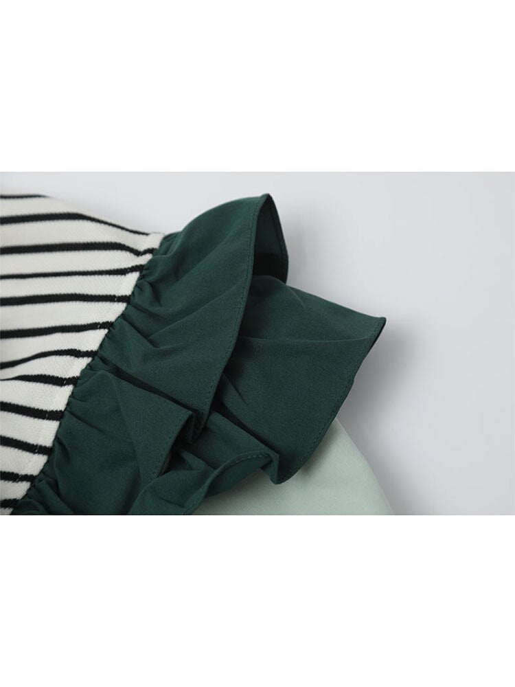 Women's Shirt Chic Vintage Blouses Casual Polo-Neck Long Sleeve Loose Female Striped Patchwork Blouses Fake Two Pieces