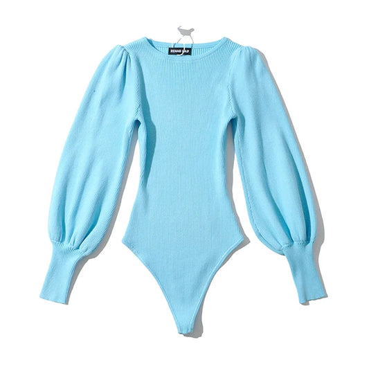 Knitted  Bodysuits Puff Sleeve Elastic Jumpsuit