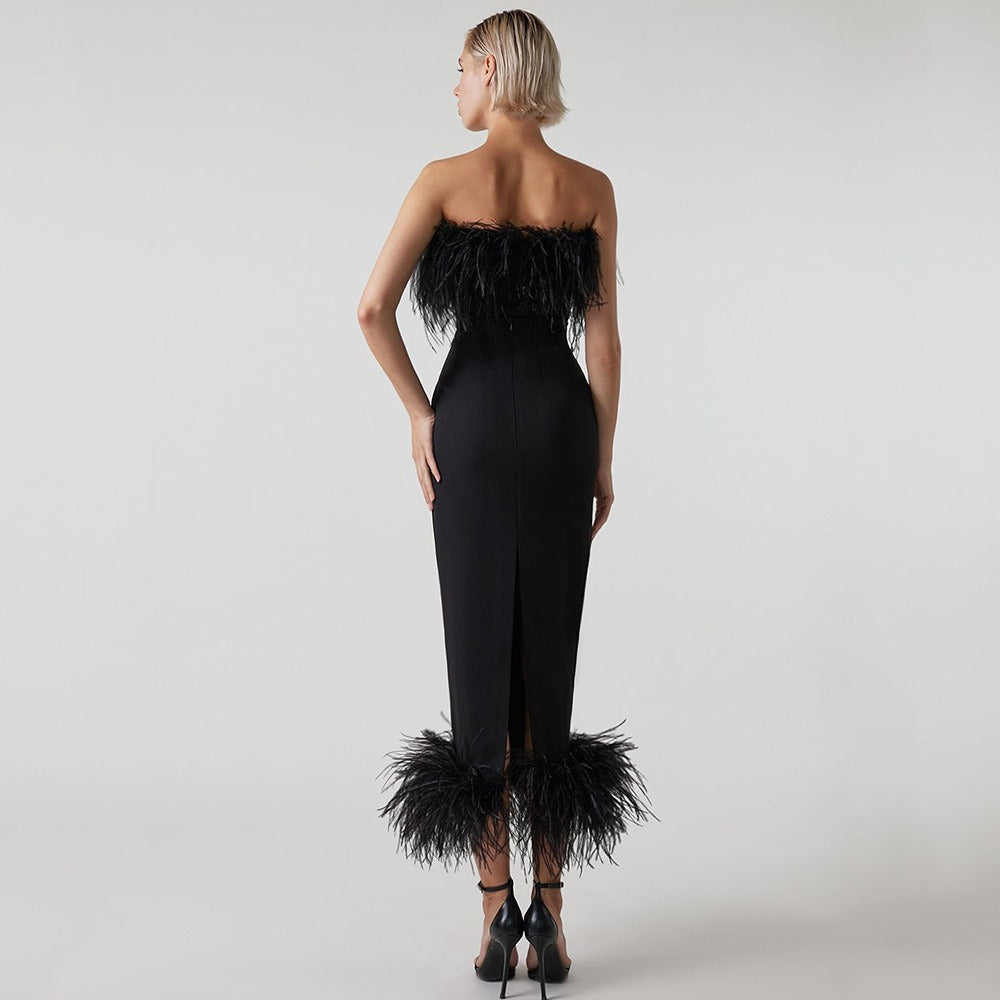 Patchwork Feathers Dresses For Women Strapless Sleeveless High Waist Tunic Slimming Solid Elegant Dress
