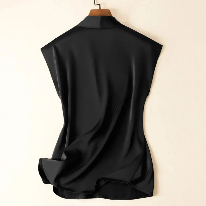 Acetate V-Neck Loose Solid Casual Korean Fashion Women's Blouse Shirt Sleeveless Pullover Blouses Tops Summer Spring