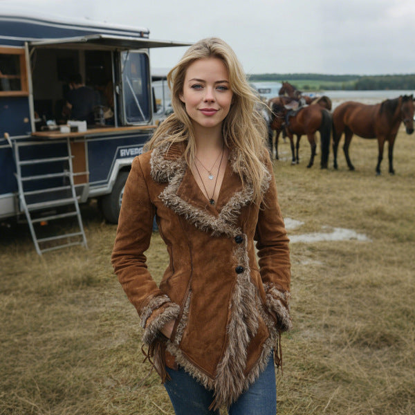 Vintage Faux Suede Coat with Fur Collar, Turn-Down CollarJacket for Women