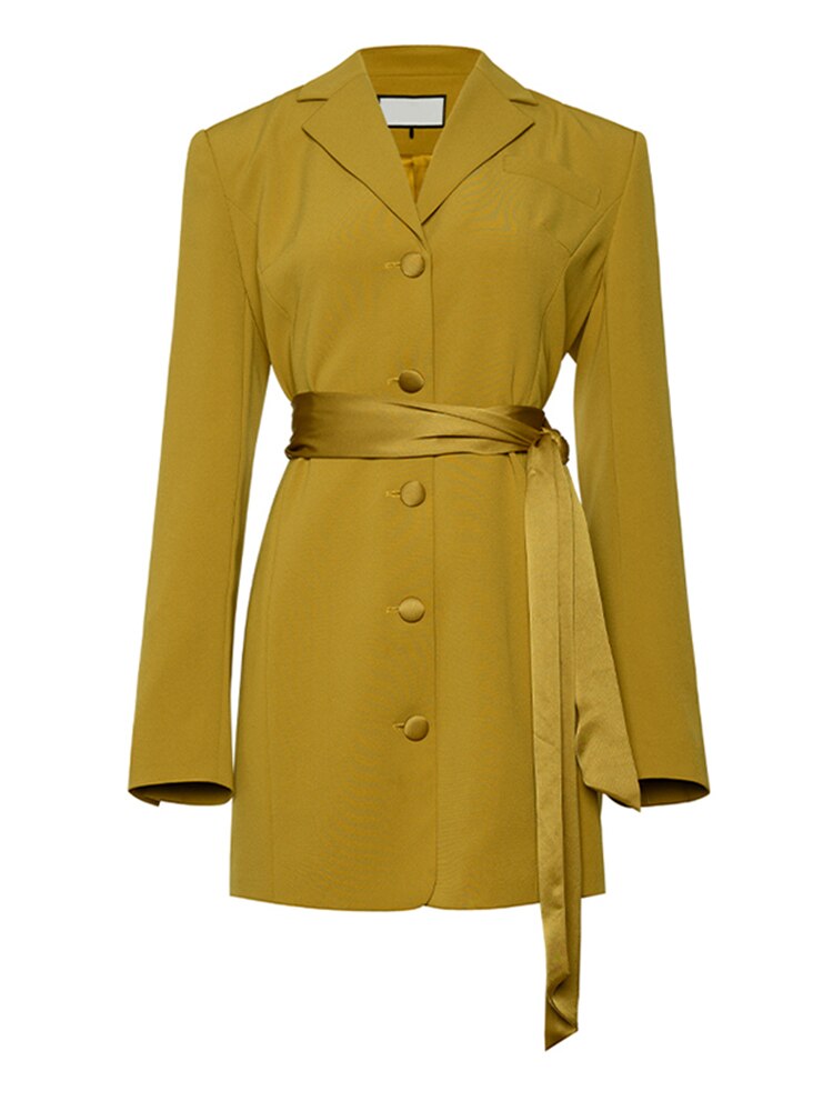 Women Yellow Belted Elegant Blazer Dress
