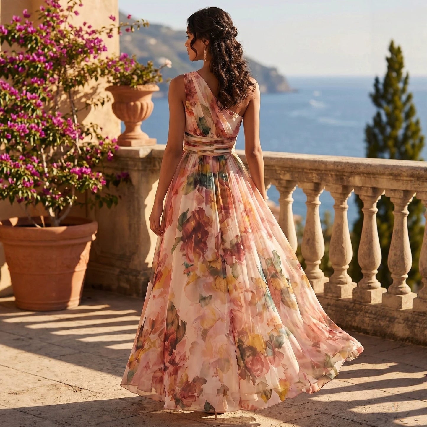 One shoulder waist cinched beach long dress