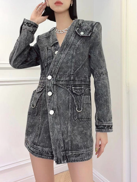 Denim Slim Dress For Women V Neck Long Sleeve High Waist Solid Mini Dresses Female Autumn Clothing Style New