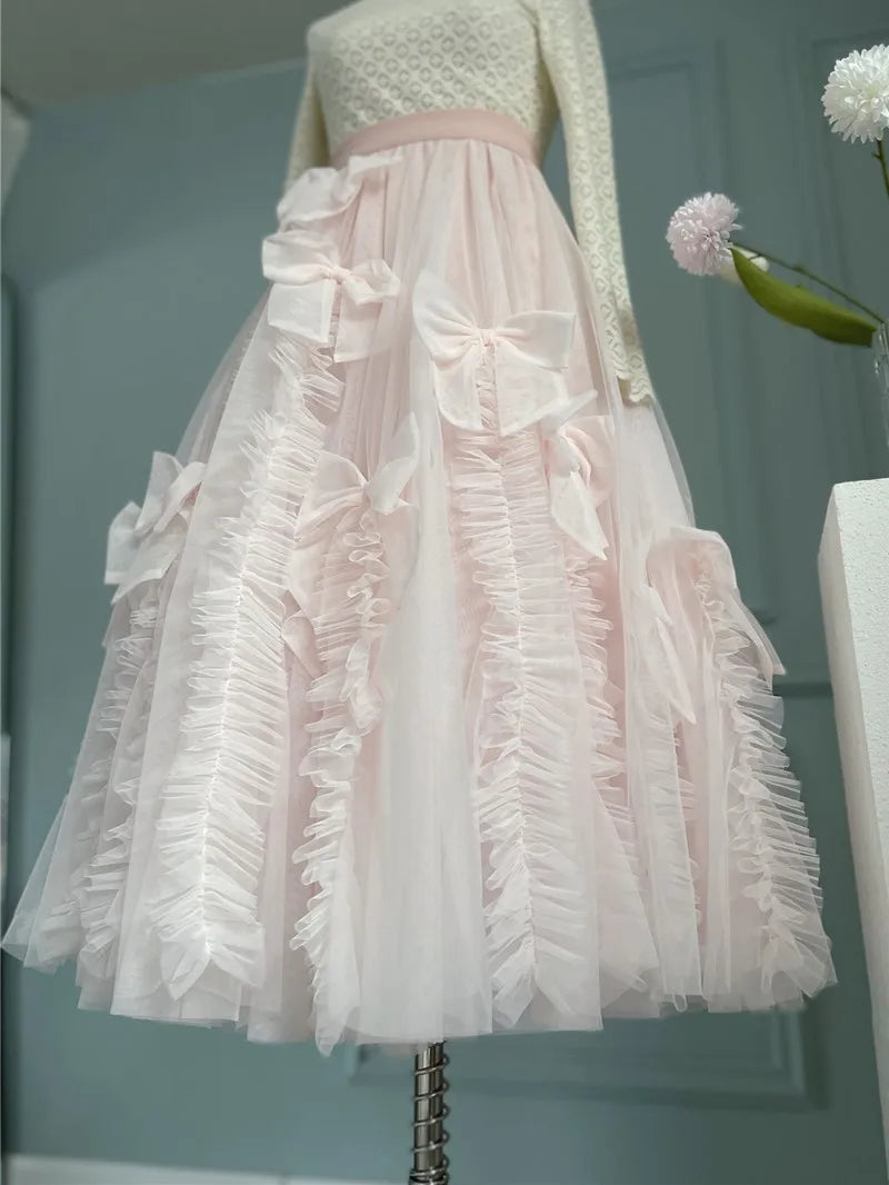 High-End Mesh Long Skirt Handmade Bow Gauze Skirt Fairy High Waist Slimming Umbrella Skirt Designer Model Skirt Evening Dresses