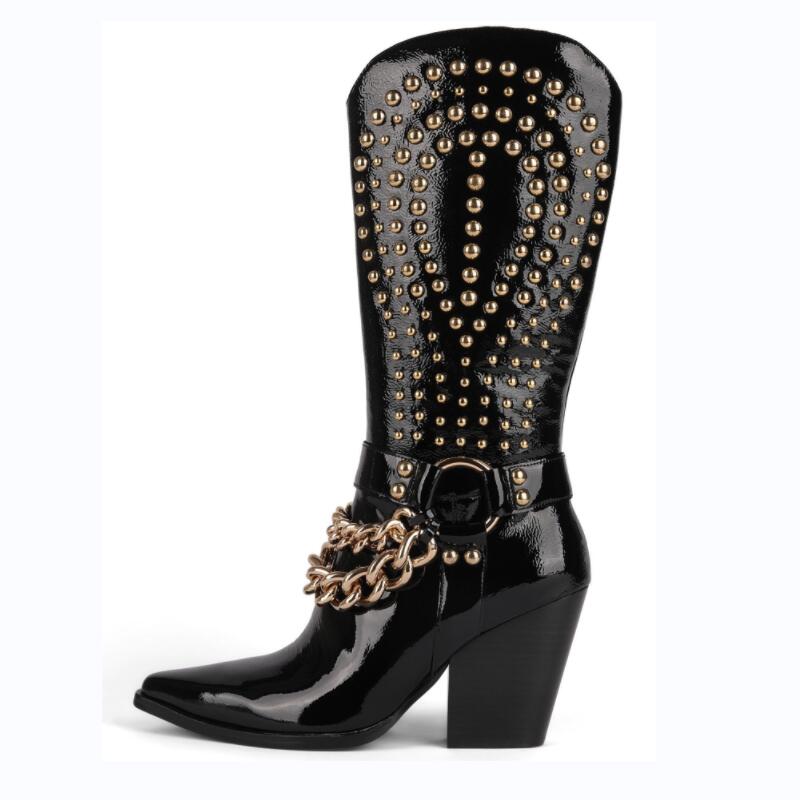 New Punk style western cowboy boots Women's Shoes Thick heel tip Rivet belt buckle Black Patent leather Plus Size