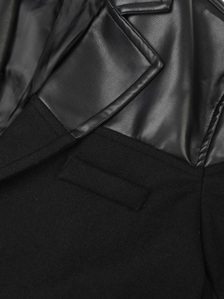 Black Pu Leather Big Size Long Woolen Coat New Lapel Long Sleeve Women Jacket Fashion Tide Autumn Winter