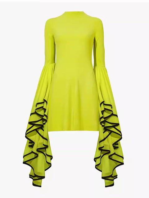 Temperament Spliced Ruffles Dresses For Women O Neck Butterfly Sleeve Tunic Casual Elegant Dress