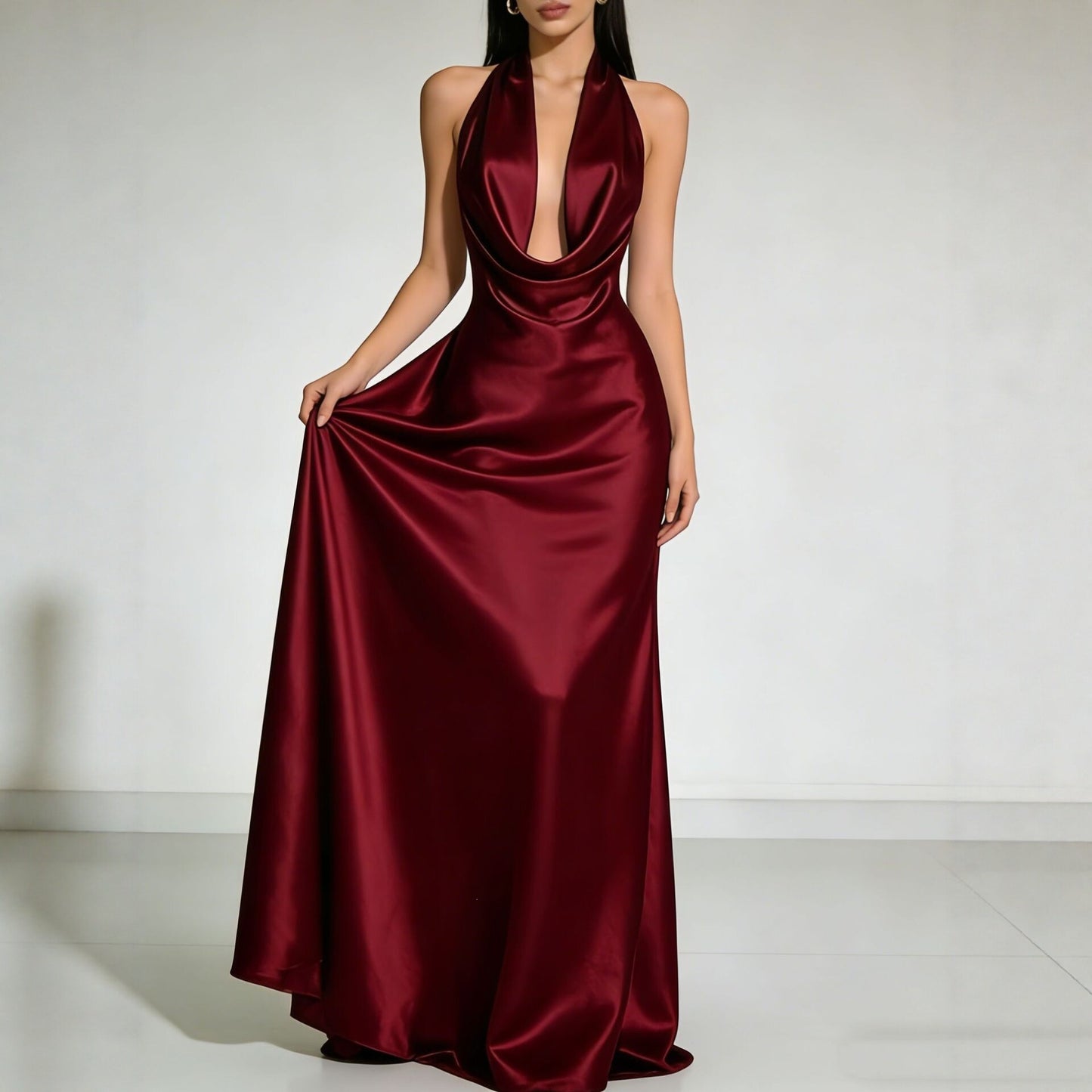 Solid color Strapless  Backless  Satin Evening dress Long dress