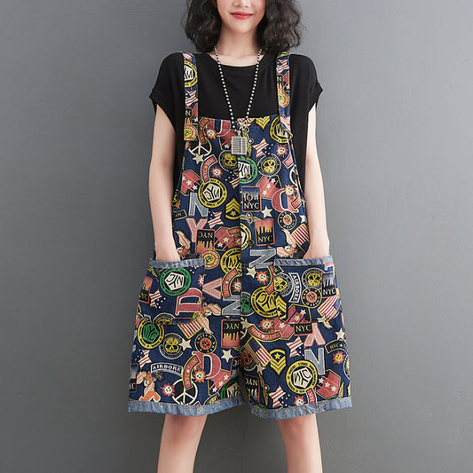 "Printed Denim Overalls for Women - High Waist Loose Fit"