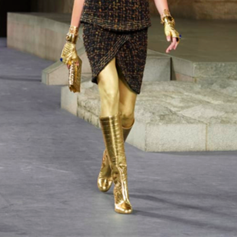 Crocodile Pattern Golden  Knee High  Boots   Leather Shoes