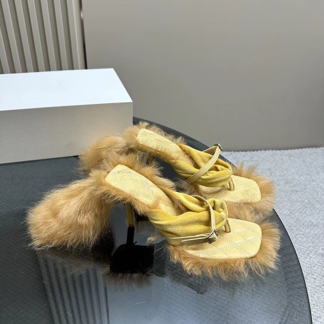 Designer Banquet Edge Fur Pumps Real Leather Sandals Sexy Women Ankle Pinch toe Sandals High Heel Runway Ladies Pumps