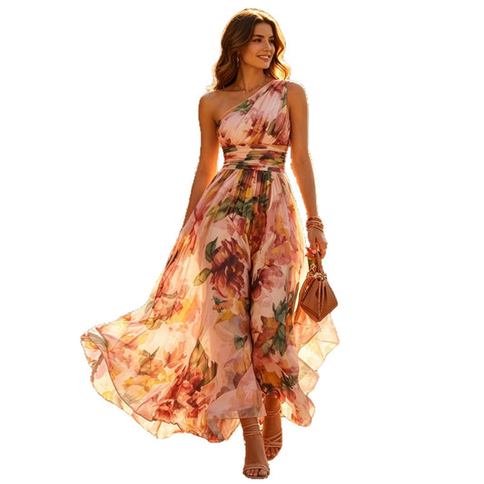 One shoulder waist cinched beach long dress