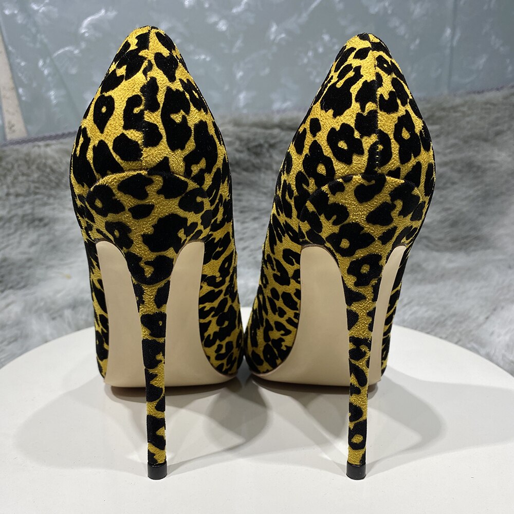 Synthetic Suede Flock Women Leaopard Pointy Toe High Heel Shoes Sexy Celebrity Party Stilettto Pumps 8cm 10cm 12cm