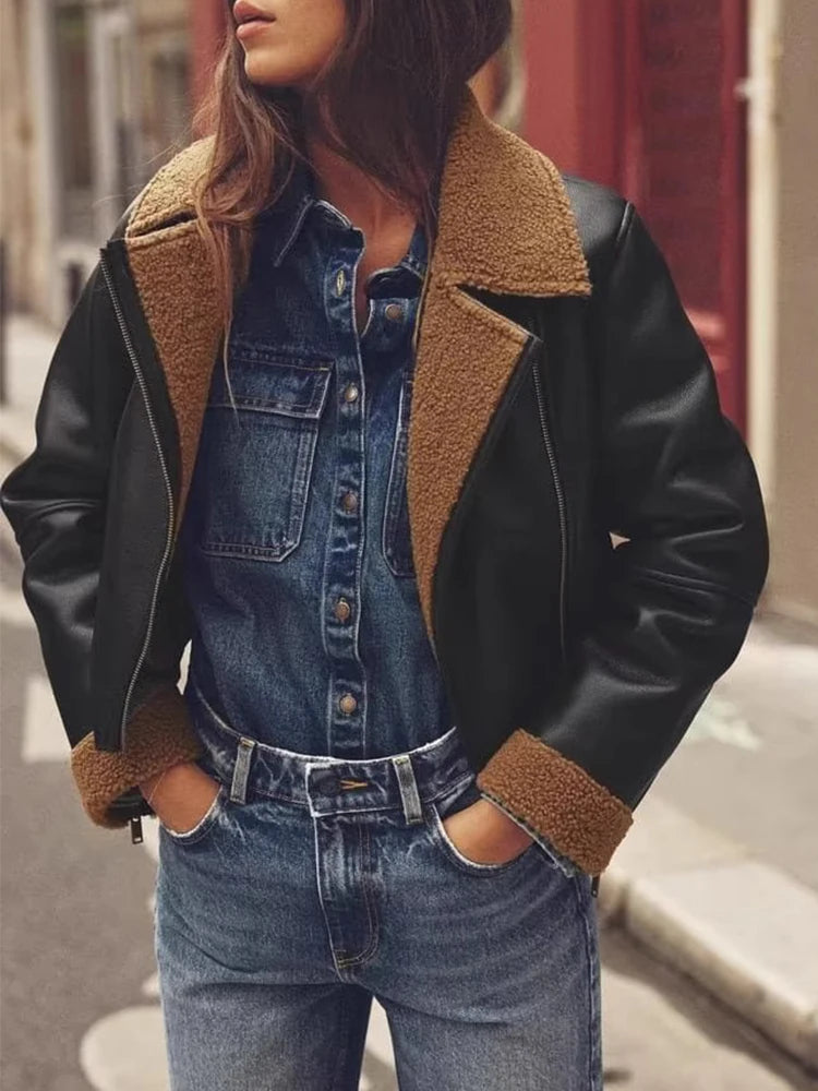 New Autumn Winter Women Streetwear Suede Lambs Moto Biker Short Coat Lady Vintage Fashion Faux Leather Lamb Fur Jacket