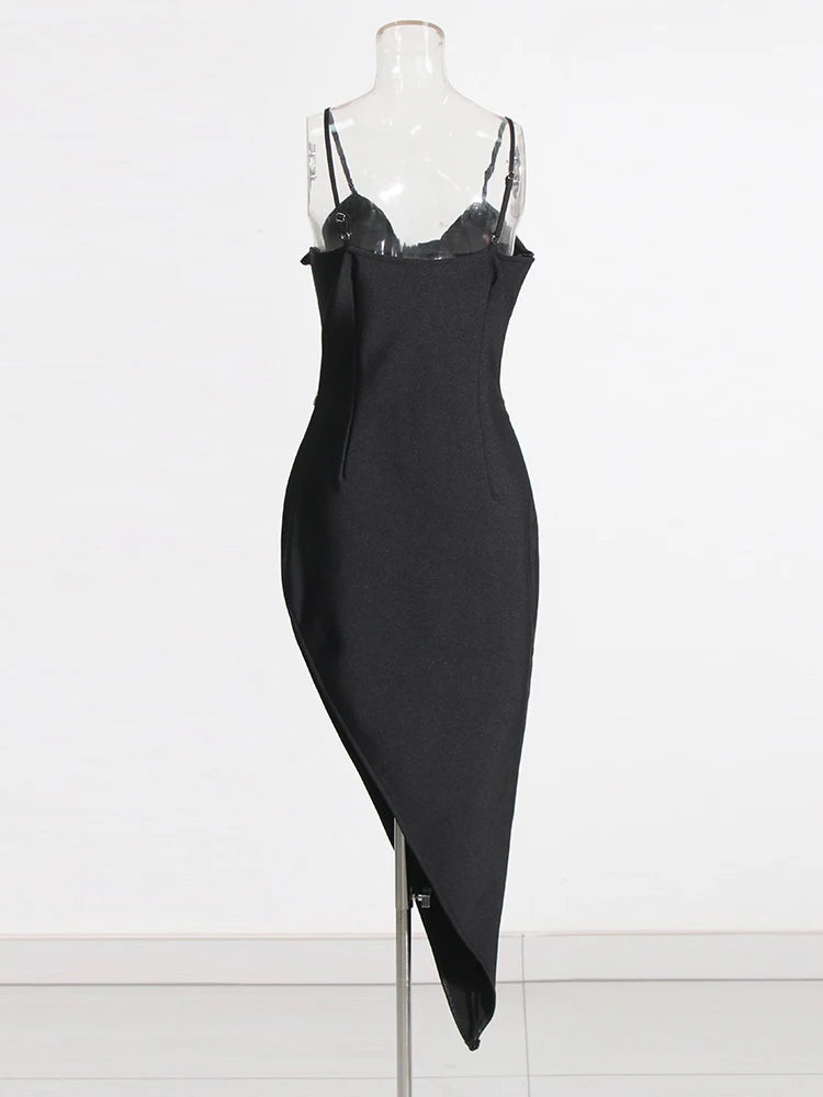 Solid Patchwork Diamonds Slimming Sexy Dresses For Women Square Collar Sleeveless High Waist Irregular Dress Female