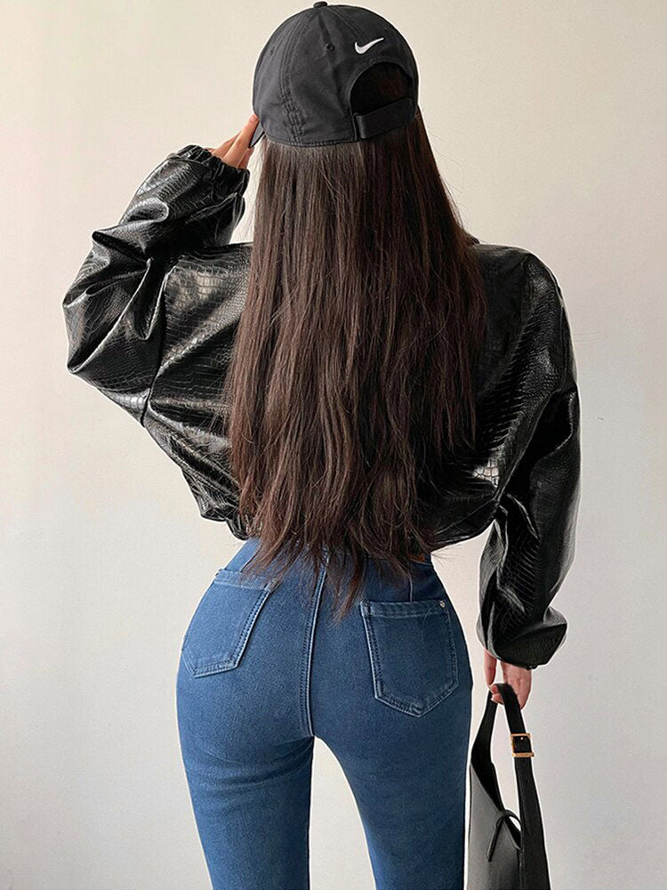Lautaro Spring Autumn Short Cool Oversized Crocodile Print Faux Leather Jacket Women Button Up European Fashion Streetwear