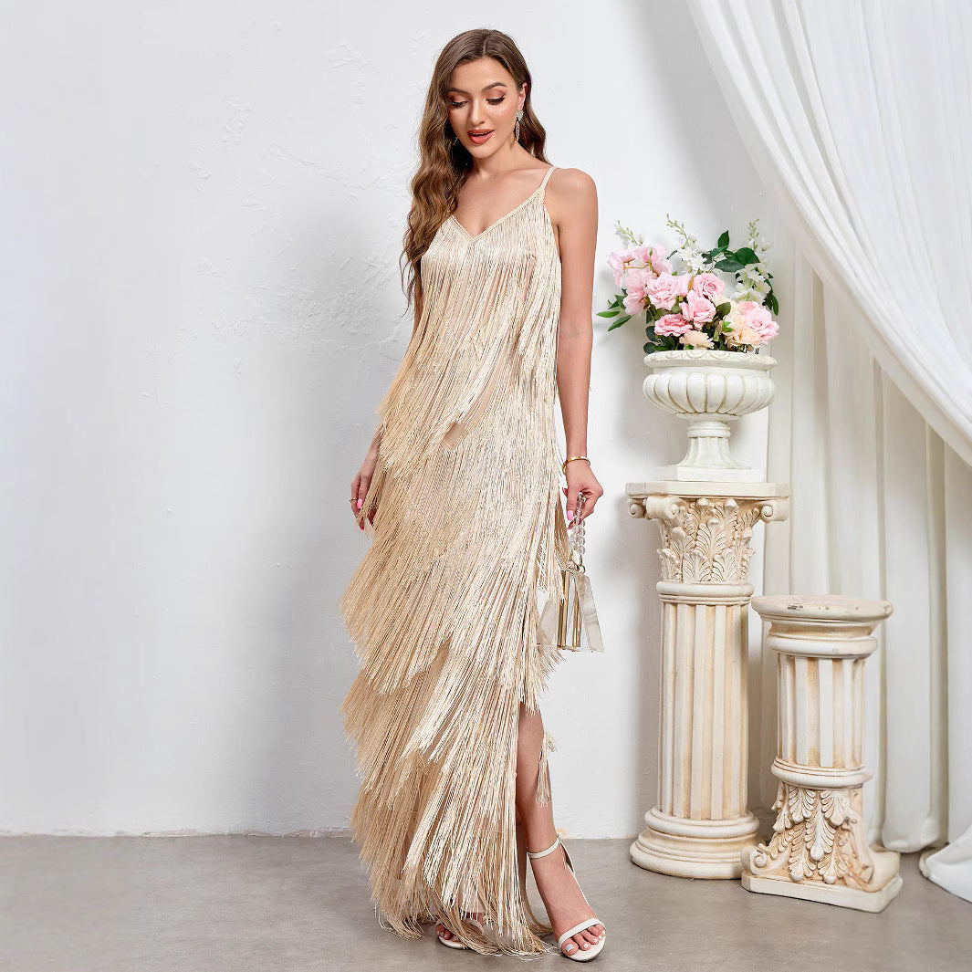 Elegant Sleeveless Evening Gown with Fringe Detail, Sexy Backless Long Dress Party Dress