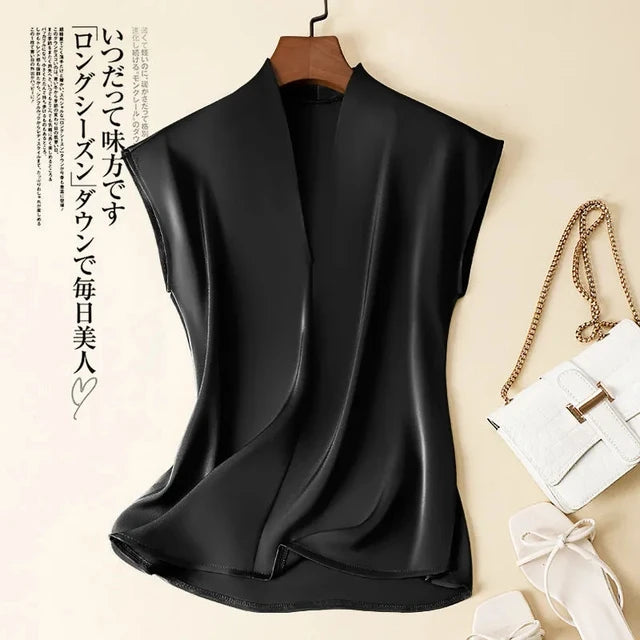 Acetate V-Neck Loose Solid Casual Korean Fashion Women's Blouse Shirt Sleeveless Pullover Blouses Tops Summer Spring