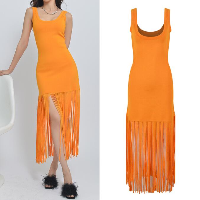 Vacation Bohemian Tassel Long Dresses for Women Casual O-neck Sleeveless Knitted Dress Boho Summer Clothing