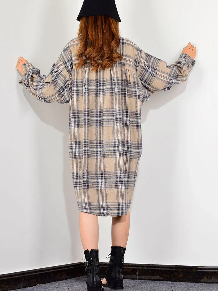 Plaid Casual Single Breasted Long Blouses Women Autumn Loose Fashion Tide Turn Down Collar Long Sleeve