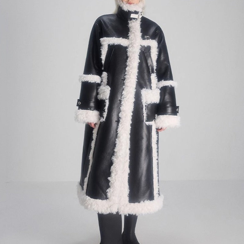 Women's Lamb Wool Splicing Trench Lapel Single Breasted Mid-ccalf Full Sleeve Black Suede Windbreak