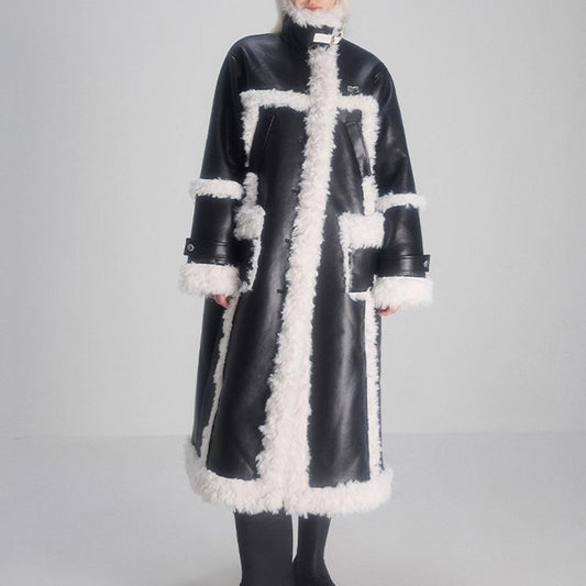 Women's Lamb Wool Splicing Trench Lapel Single Breasted Mid-ccalf Full Sleeve Black Suede Windbreak