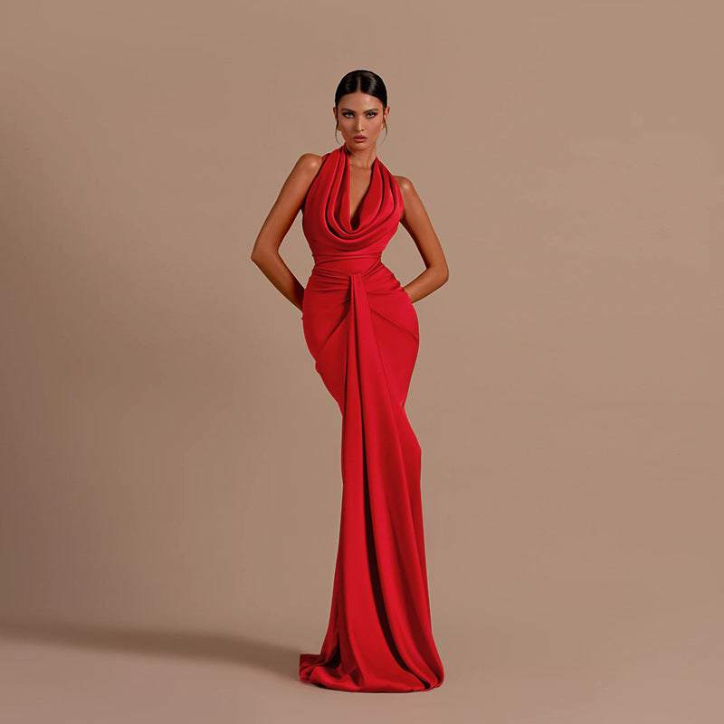 Backless Halter Neck Satin Evening Dress Women's Long Dress