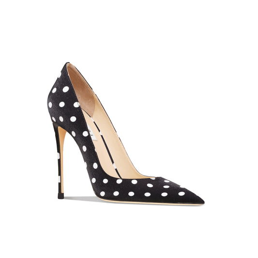 Leather Black Polka Dot High-Heeled Shoes With Thin Heels New French Satin Banquet Dress Single Shoes